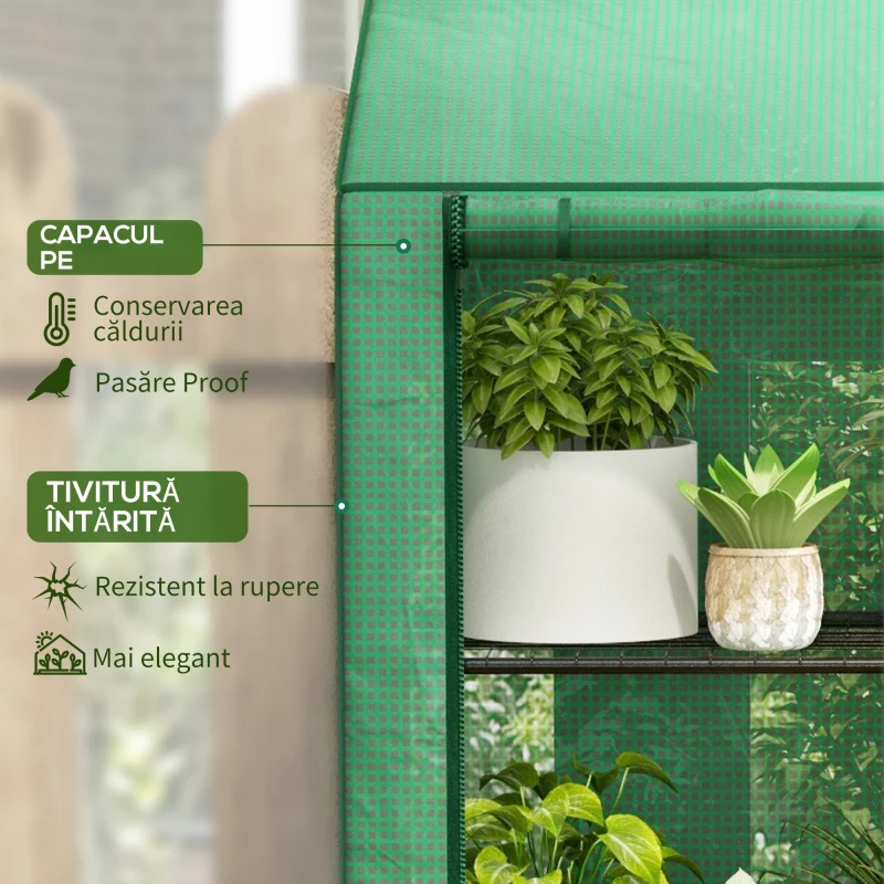 Outsunny Seră de Grădină cu Copertină din PE, Seră cu Acoperiș Înclinat, 2 Uși Rulante și 6 Rafturi, 143x46x151cm, Verde
