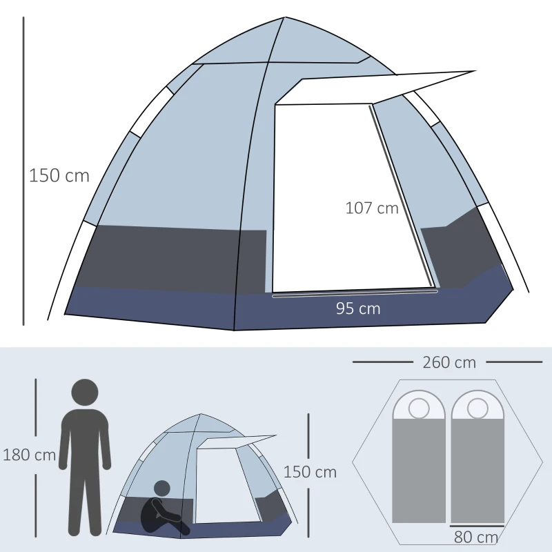 Outsunny Cort de Camping pentru 2 Persoane cu Deschidere Automată și Accesorii Incluse, 2.6x2.6x1.5 m, Gri