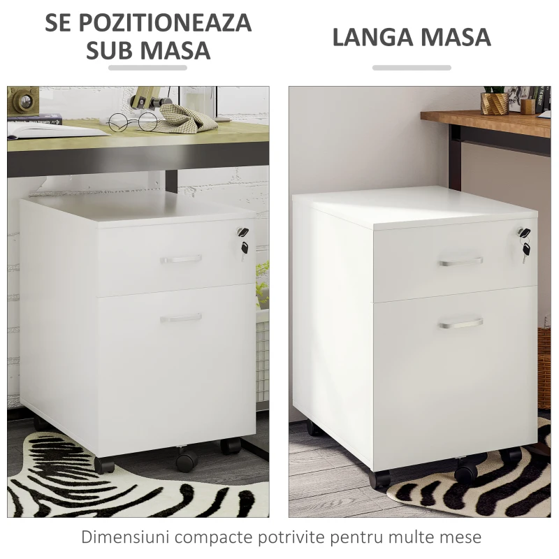 Vinsetto Fiset Birou cu 2 Sertare cu 5 Roti, Dulapior de Birou din PAL cu Incuietoare, 40x49x58 cm, culoare Lemn