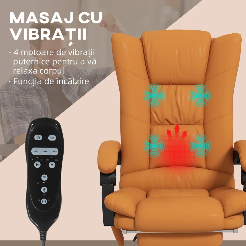 Vinsetto Scaun de Birou Masaj cu Vibratii Caldura Scaun de Calculator Suport pentru Picioare Cotiera Spatar Rabatabil Maro Deschis Pentru scoala computer mobila de studiu ergonomic pentru birou munca modern contemporan dormitor ergonomic cu masaj(m-4)