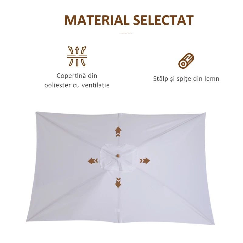 Outsunny Umbrela de Gradina 2x3 m, Umbrela Parasolar Impermeabila din Lemn Lacuit cu Copertina Detasabila, Alb