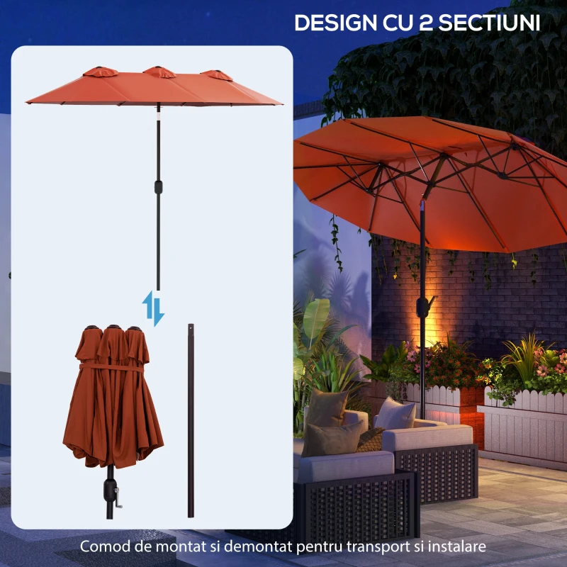 Outsunny Umbrela de soare de gradina basculabila dubla cu deschidere cu manivela, copertina cu orificii de ventilatie si 12 nervuri, 295x152x222cm, rosu