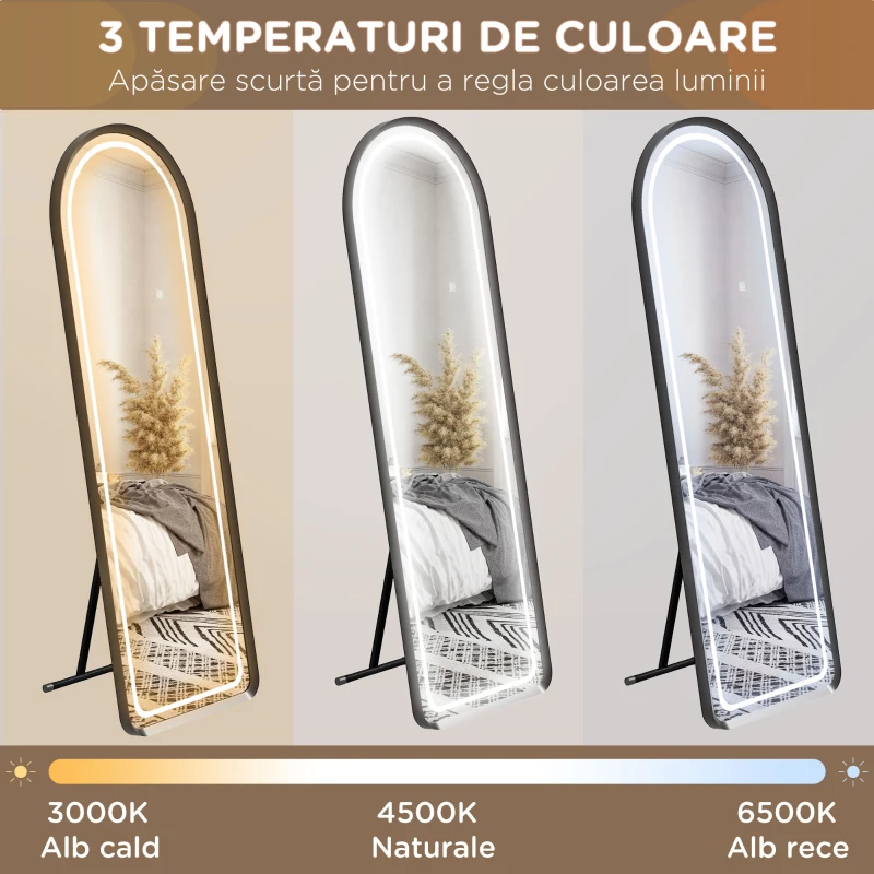 HOMCOM Oglinda mare arcuita cu lumini LED, cu 3 culori de lumina