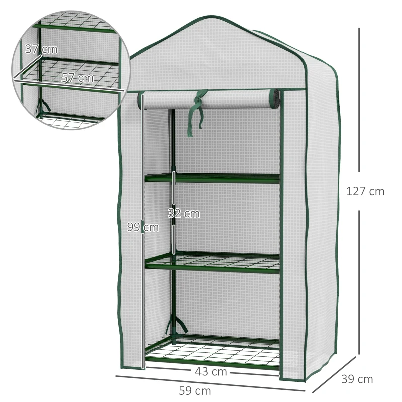 Outsunny Mini Seră pe 3 Nivele cu Acoperiș PE Întărit, Seră Portabilă cu Ușă Rulantă și Rafturi din Sârmă, 59x39x127 cm, Alb