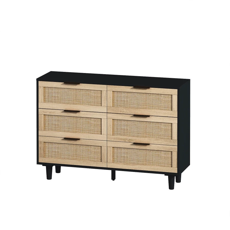 Commode de Rangement en Rotin avec 6 Tiroirs, Structure en Panneaux de Particules de Haute Qualité, Meuble de Rangement pour Chambre et Salon, Noir