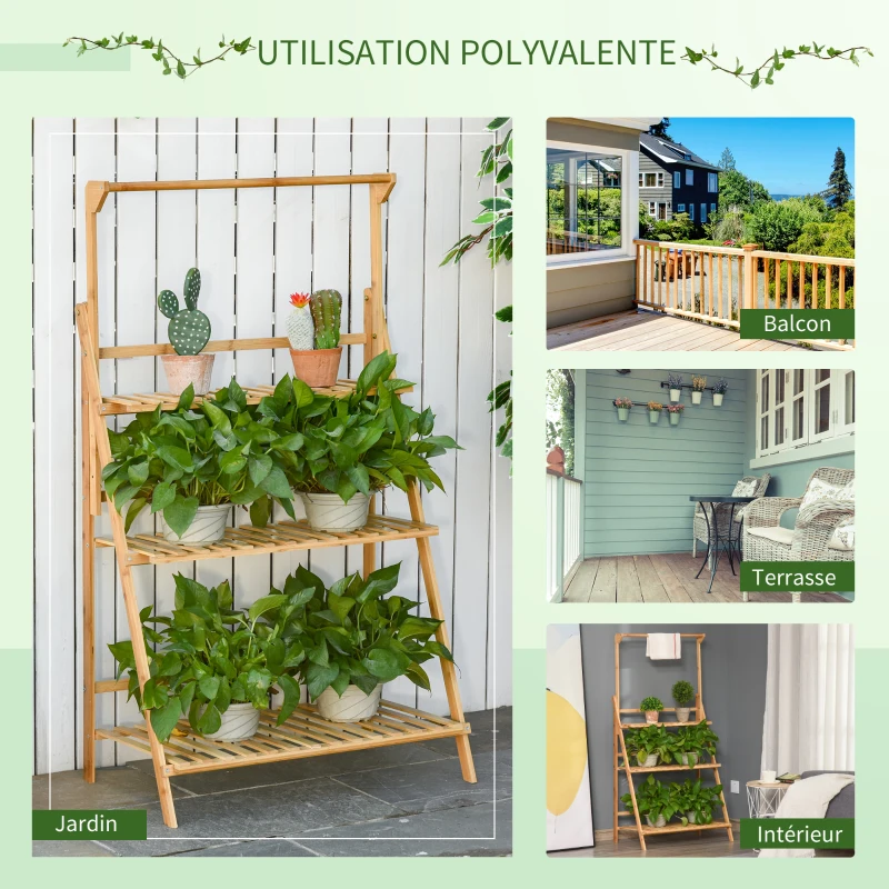 Outsunny Étagère à Fleurs Supports de Pots Porte Plante en Bois de Bambou 3 niveuax + Barre Support pour Pots Suspendus pour Intérieur Balcon Jardin Terrasse