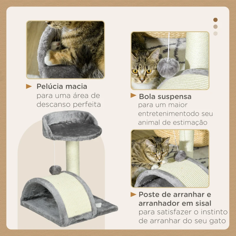 PawHut Arranhador para Gatos de 2 Níveis com Poste e Tapete de Arranhar Cama e Bola Suspensa 35,5x37x46 cm Cinza