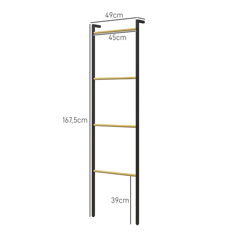 HOMCOM Vrijstaande Handdoekhouder, 4 Stangen, 49x5,5x167,5cm, Zwart/Natuurhout