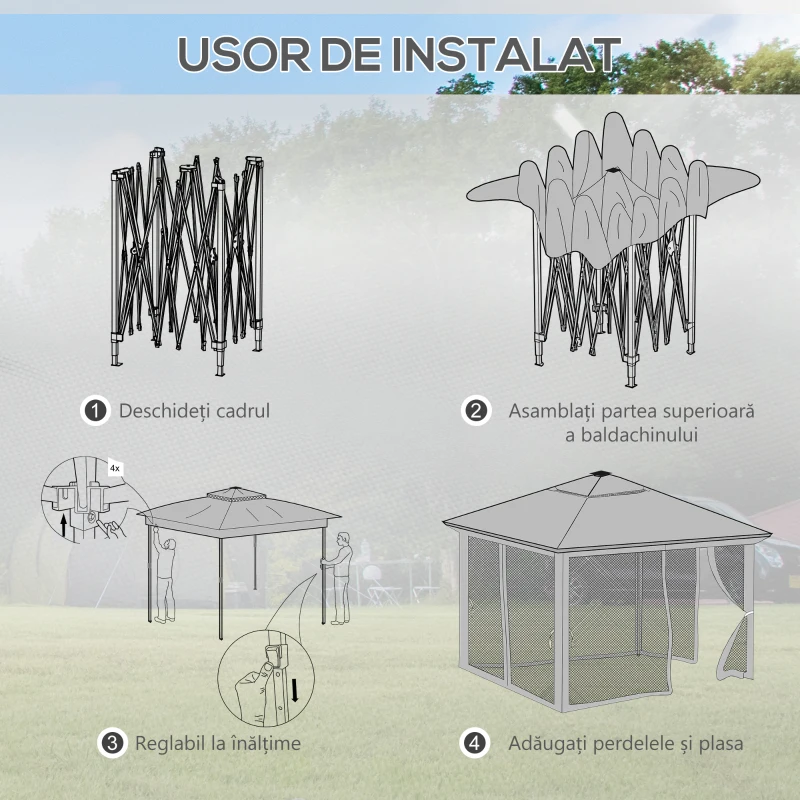 Outsunny Foisor tip pop-up 3 x 3(m) cu 20 lumini LED, Gri