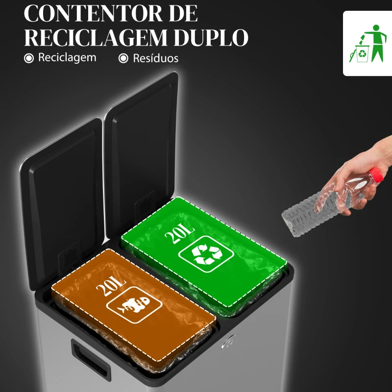 HOMCOM Balde de Lixo de Cozinha com 2 Compartimentos 2x20L Pedal Tampa de Fechamento Suave e Cubo Amovível Prata