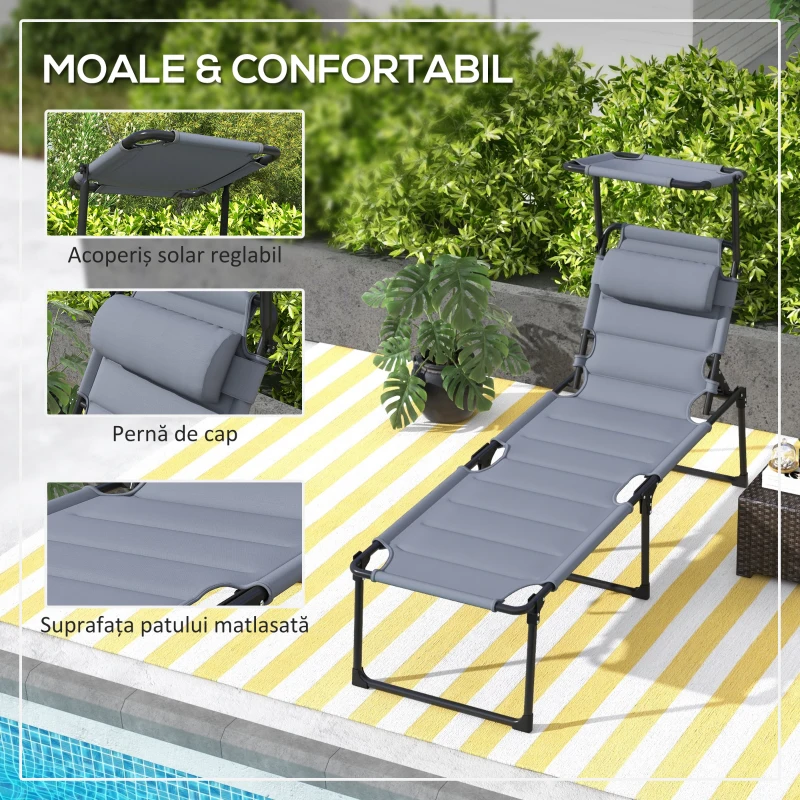 Outsunny Sezlong pliabil reglabil cu spatar cu 4 pozitii, Gri