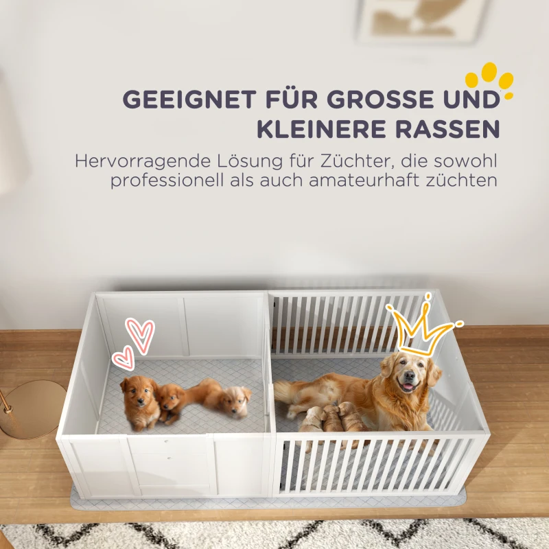 PawHut Werpbox voor Puppy's, met Ondermat, eenvoudig te reinigen, Hout, 166x80x50 cm, Wit(m-4)