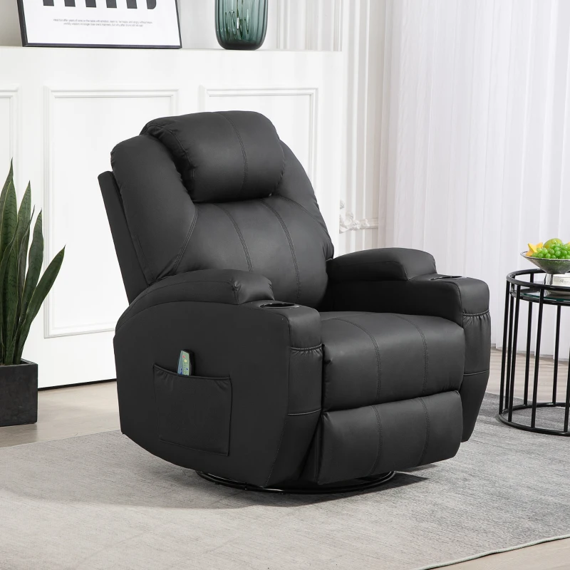 HOMCOM Fotel relaksacyjny z funkcją masażu, oparcie regulowane, obrotowy, do 150 kg, skóra ekologiczna, Czarny