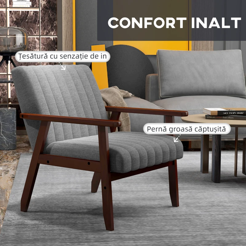 HOMCOM Fotoliu Tip Scaun din Material, Fotoliu Capitonat pentru Dormitor, Sufragerie, cu Picioare din Lemn, 64x74,5x75,5 cm, Gri