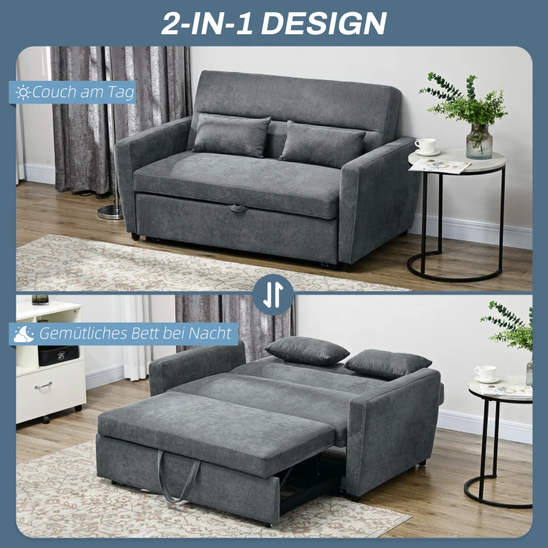 HOMCOM Schlafsofa, 2-Sitzer, ausklappbar, bis 200 kg, Holzrahmen, 155x90x88,5cm, Dunkelgrau(m-7)