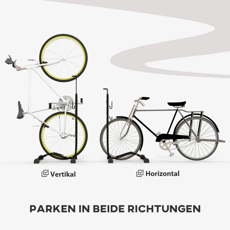 SPORTNOW Fietsenstandaard, verticaal/horizontaal, voor 15-71 cm en 700c, 45x44x118cm, Staal, Zwart