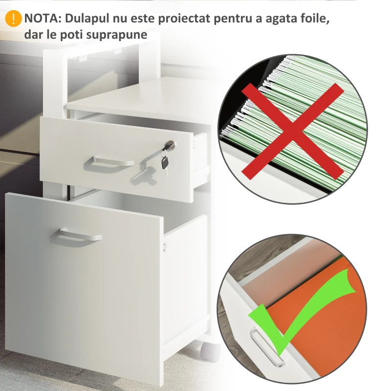 Vinsetto Fiset Birou cu 2 Sertare cu 5 Roti, Dulapior de Birou din PAL cu Incuietoare, 40x49x58 cm, culoare Lemn
