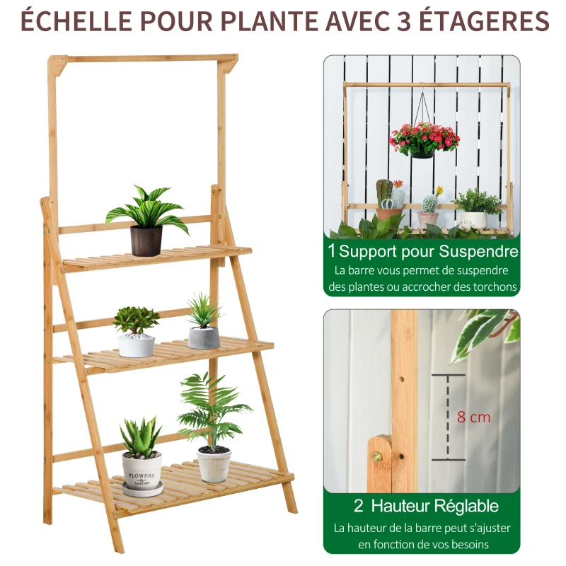 Outsunny Étagère à Fleurs Supports de Pots Porte Plante en Bois de Bambou 3 niveuax + Barre Support pour Pots Suspendus pour Intérieur Balcon Jardin Terrasse