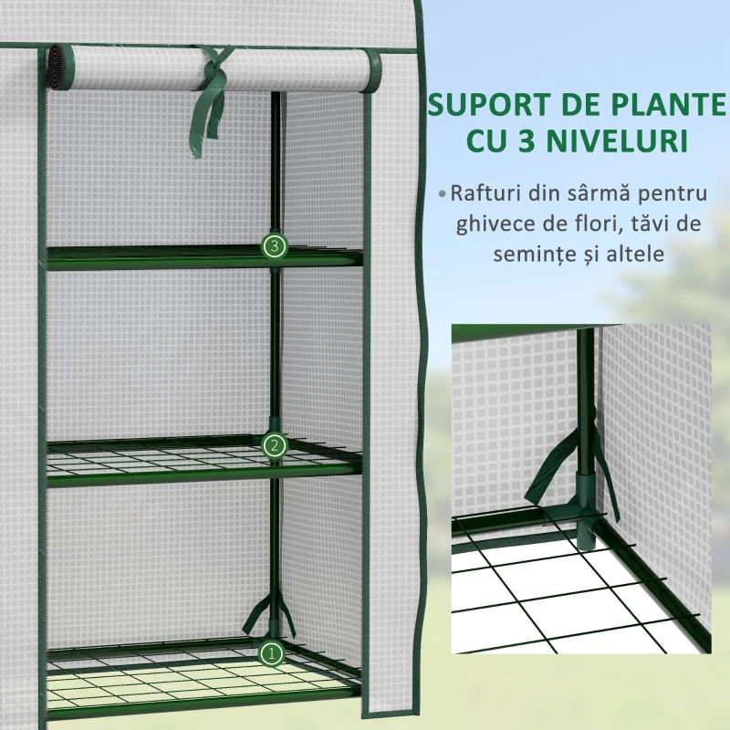 Outsunny Mini Seră pe 3 Nivele cu Acoperiș PE Întărit, Seră Portabilă cu Ușă Rulantă și Rafturi din Sârmă, 59x39x127 cm, Alb