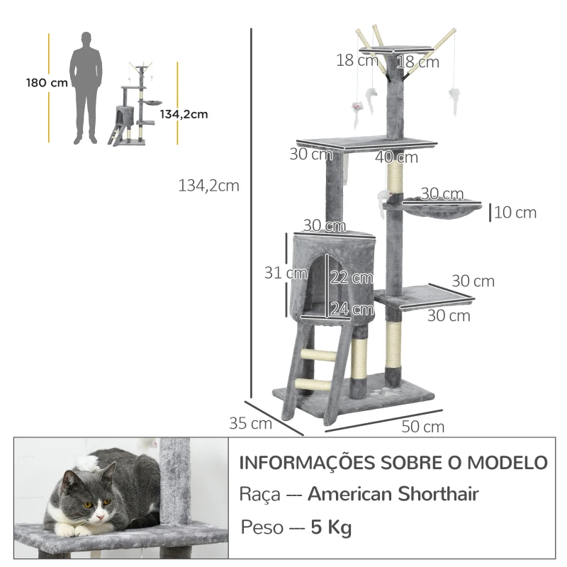 PawHut Arranhador para Gatos de 134,2 cm com Caverna Plataformas Rato de Brinquedo Rede e Postes de Sisal 50x35x134,2 cm Cinza