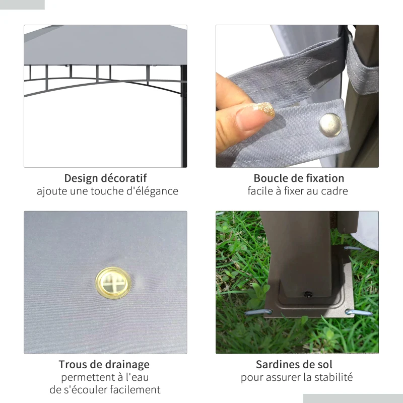 Outsunny Tonnelle pavillon de jardin 3x3m auvent pliable double toit pour ventilation auvents réglables structure en métal tissu polyester 3L x 3l x 2,7H m gris