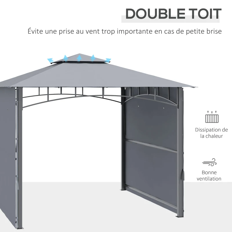 Outsunny Tonnelle pavillon de jardin 3x3m auvent pliable double toit pour ventilation auvents réglables structure en métal tissu polyester 3L x 3l x 2,7H m gris