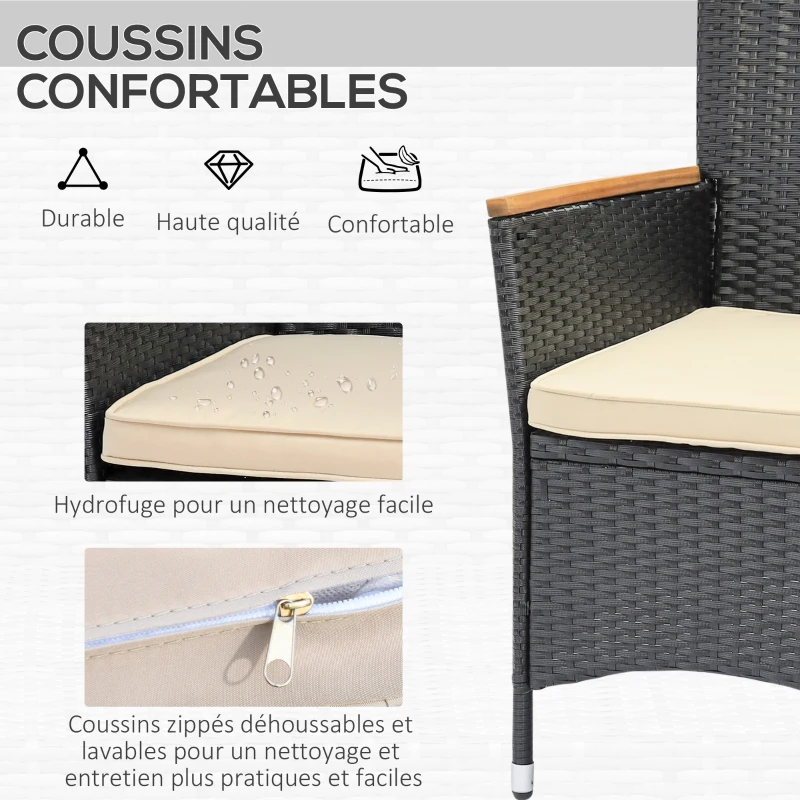 Outsunny Ensemble salon de jardin 6 personnes grande table à manger rectangulaire + 6 fauteuils & coussins lavables acier résine tressée PE bois d'acacia noir et beige