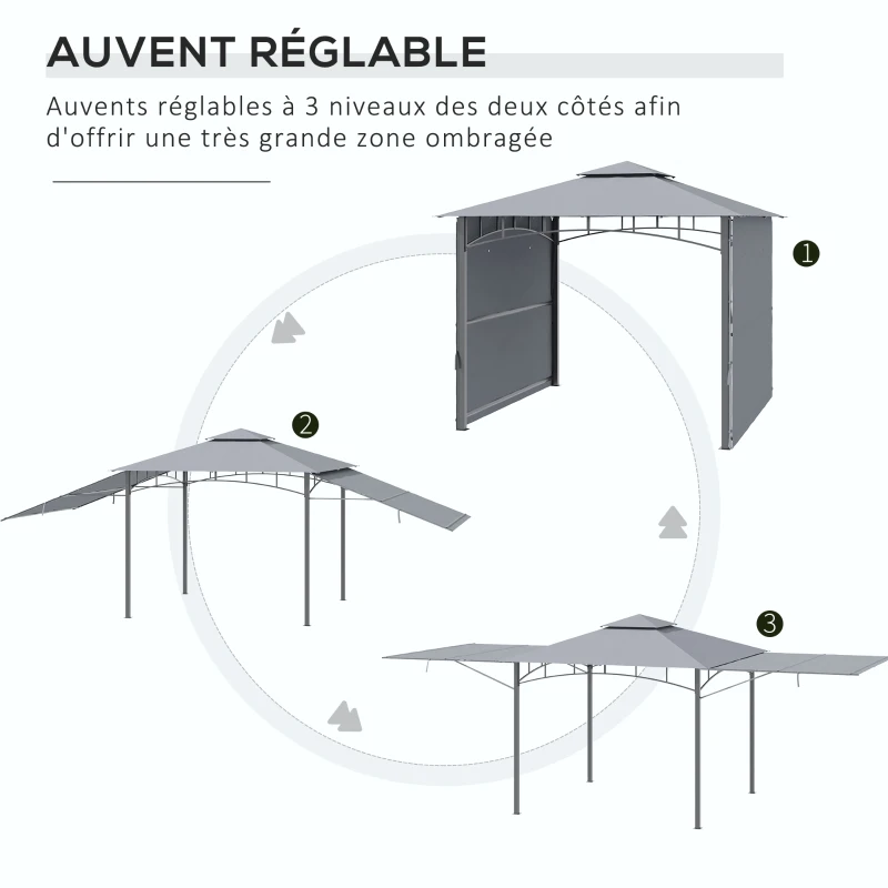 Outsunny Tonnelle pavillon de jardin 3x3m auvent pliable double toit pour ventilation auvents réglables structure en métal tissu polyester 3L x 3l x 2,7H m gris
