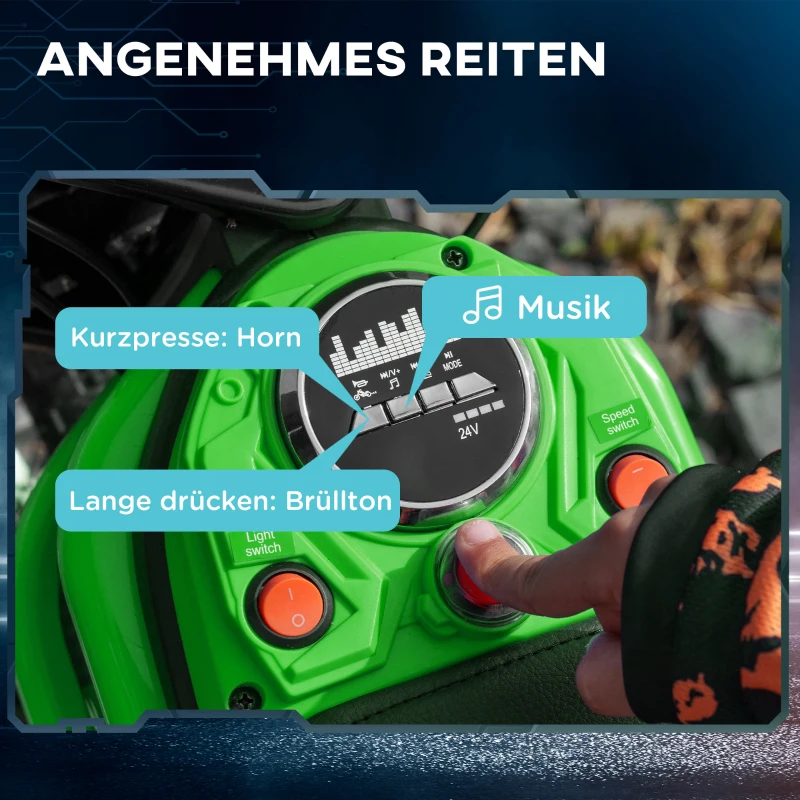 HOMCOM Elektrische Kindermotor, 24V motor, instelbare snelheid, muziek & lichten, Groen(m-7)