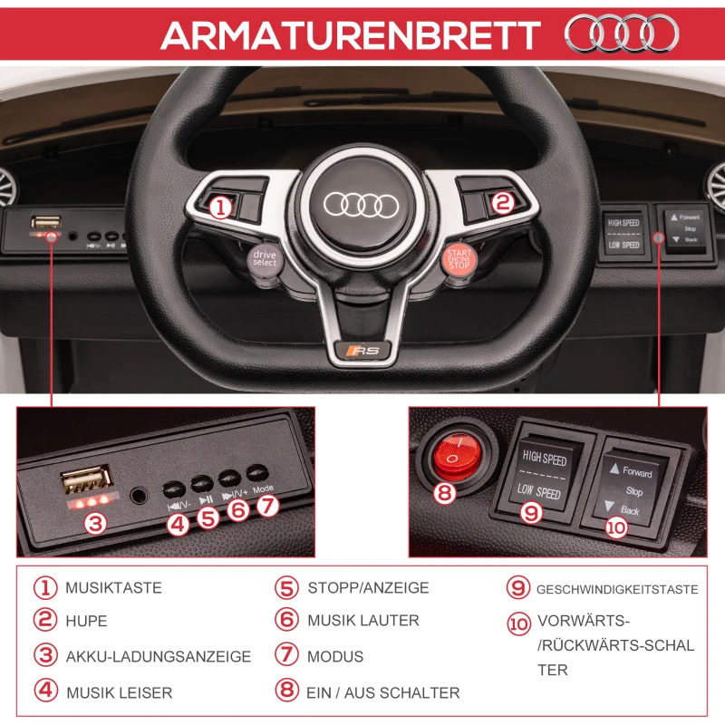 HOMCOM Elektryczny samochód dla dzieci, Audi TT RS Roadster, 3 km/h, pilot zdalnego sterowania, LED, USB, Biały