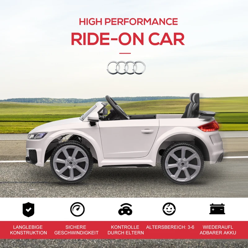HOMCOM Elektryczny samochód dla dzieci, Audi TT RS Roadster, 3 km/h, pilot zdalnego sterowania, LED, USB, Biały