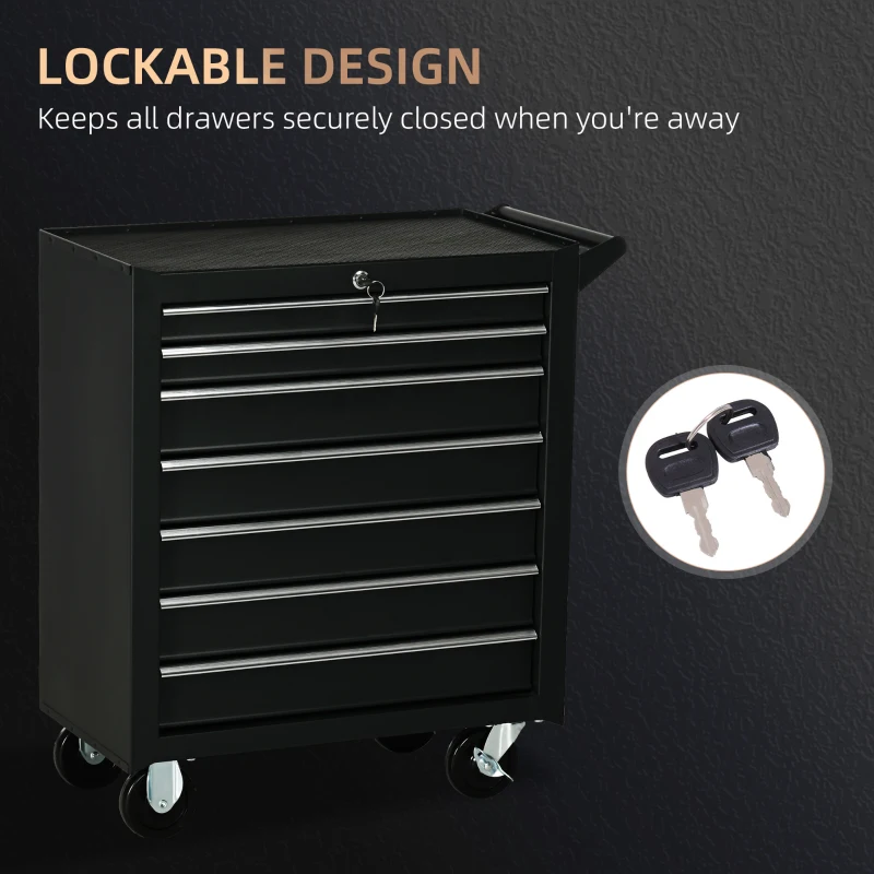 DURHAND 7-Drawer Rolling Tool Chest on Wheels, Lockable Tool Cabinet with Side Handle, Metal Tool Box Trolley for Garage, Workshop, Matte Black(m-7)