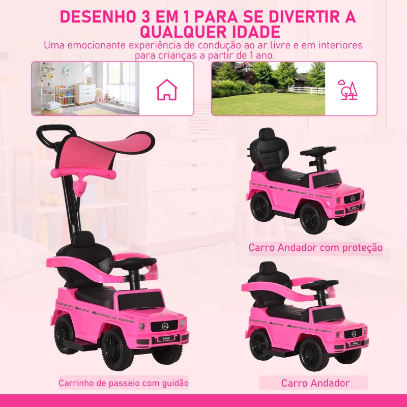 HOMCOM Carro Andador para Crianças Mercedes G350 com Buzina Capô Removível Encosto e Suporte de Proteção 85,5x40,5x95 cm Rosa