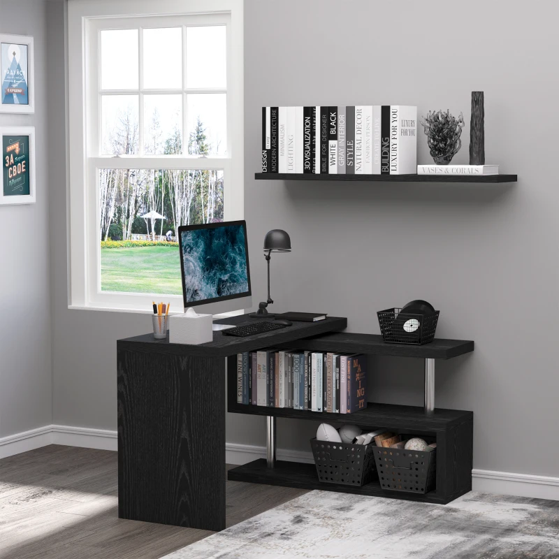 HOMCOM L Shaped Desk with 360° Rotating Storage Shelves, Corner Computer Desk, Space Saving Study Table for Home Office, Black