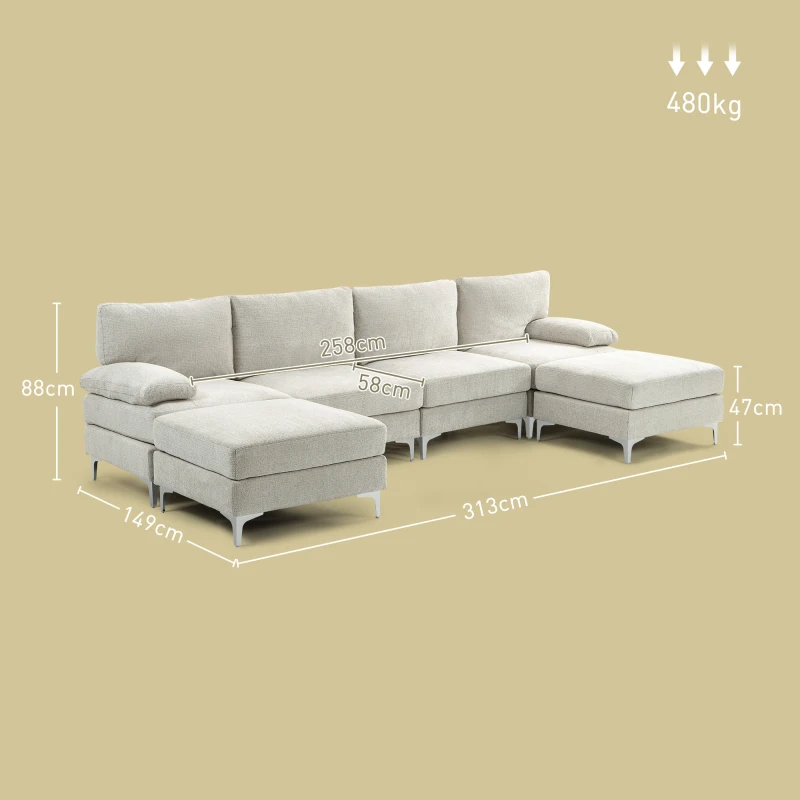 HOMCOM Canapea Modulară de 4 Locuri cu 2 Fotolii pentru Picioare, Perne pentru Brațe și Spătar, 313x149x88 cm, Crem Alb(m-3)