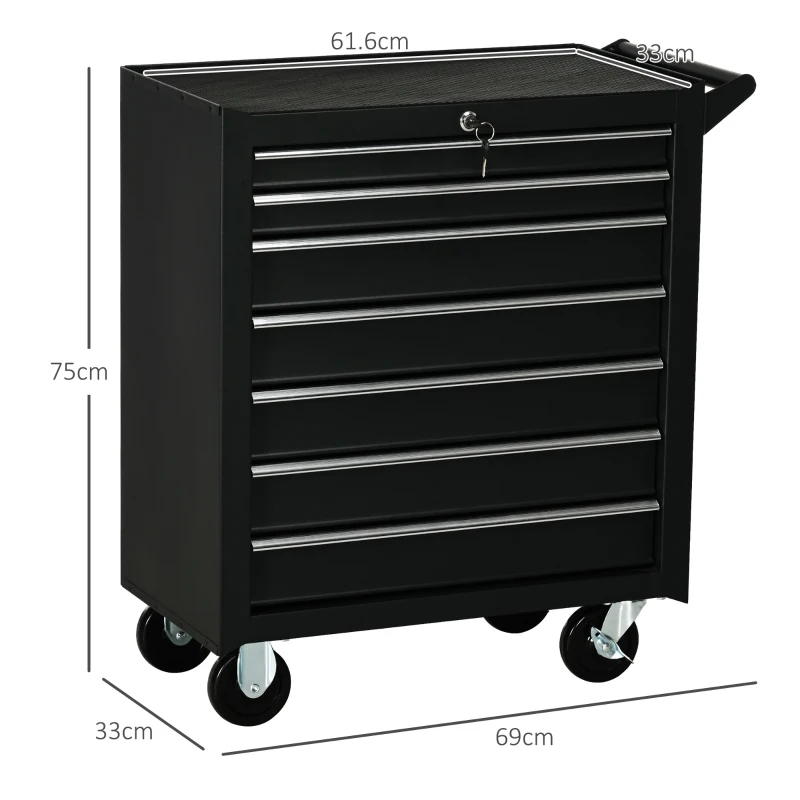 DURHAND 7-Drawer Rolling Tool Chest on Wheels, Lockable Tool Cabinet with Side Handle, Metal Tool Box Trolley for Garage, Workshop, Matte Black(m-3)