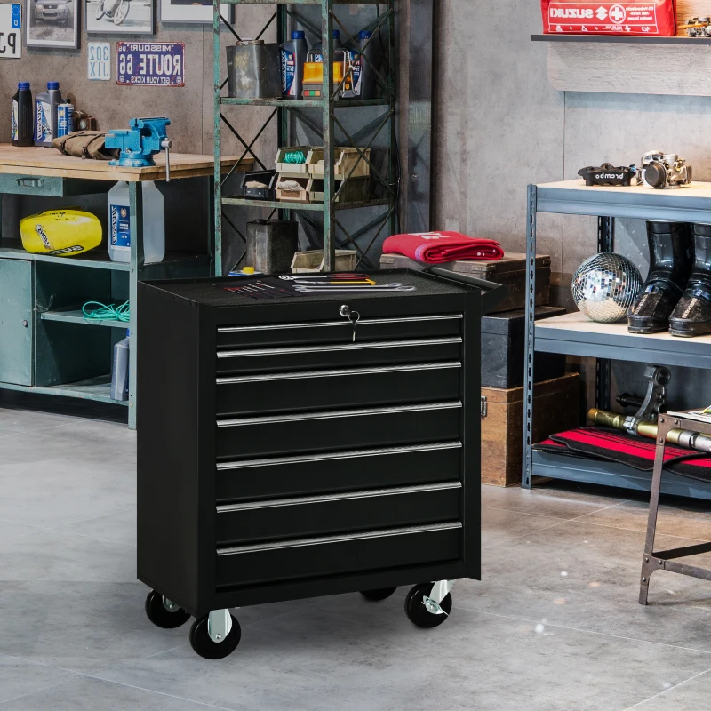 DURHAND 7-Drawer Rolling Tool Chest on Wheels, Lockable Tool Cabinet with Side Handle, Metal Tool Box Trolley for Garage, Workshop, Matte Black(m-10)