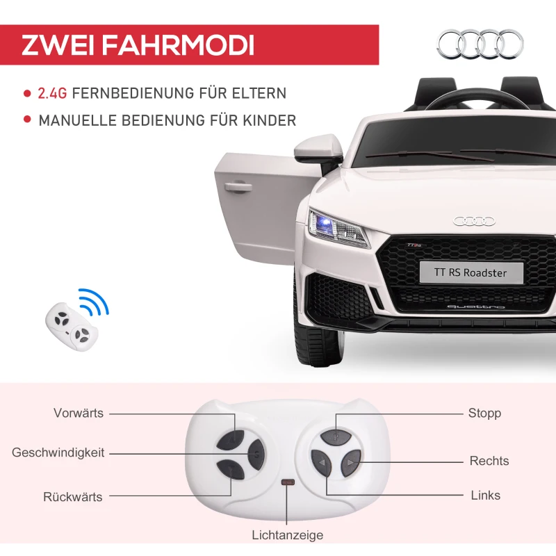 HOMCOM Elektryczny samochód dla dzieci, Audi TT RS Roadster, 3 km/h, pilot zdalnego sterowania, LED, USB, Biały