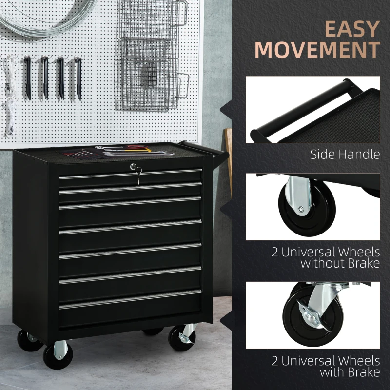DURHAND 7-Drawer Rolling Tool Chest on Wheels, Lockable Tool Cabinet with Side Handle, Metal Tool Box Trolley for Garage, Workshop, Matte Black(m-6)