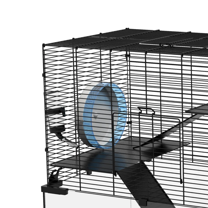 PawHut Cușcă pentru Hamsteri, Gerbili și Animale Mici din Fir de Otel și Sticlă cu Rotiță, 60x40x57 cm, Negru