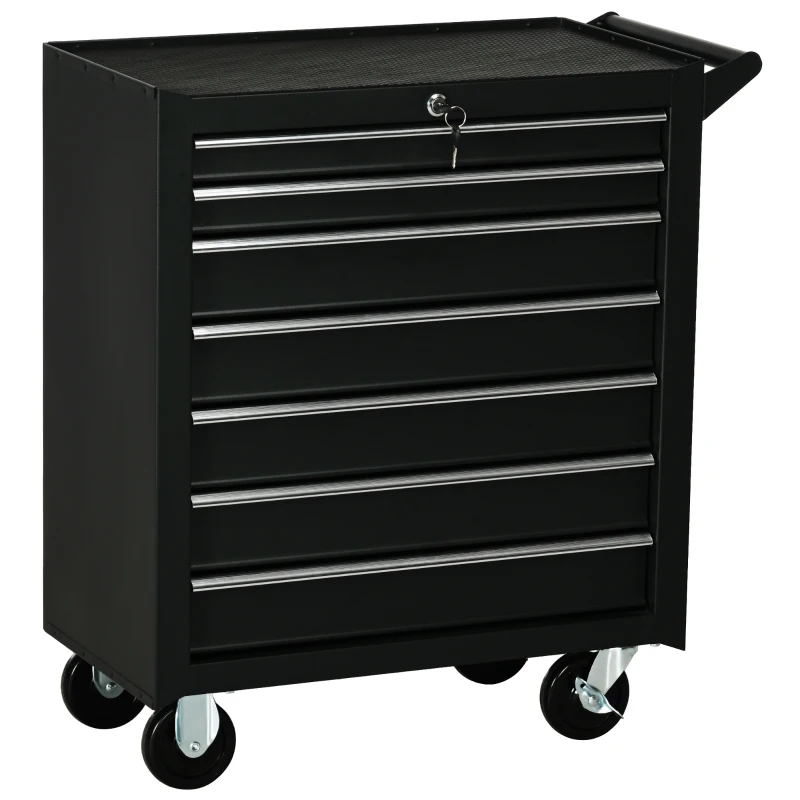 DURHAND 7-Drawer Rolling Tool Chest on Wheels, Lockable Tool Cabinet with Side Handle, Metal Tool Box Trolley for Garage, Workshop, Matte Black(m-11)