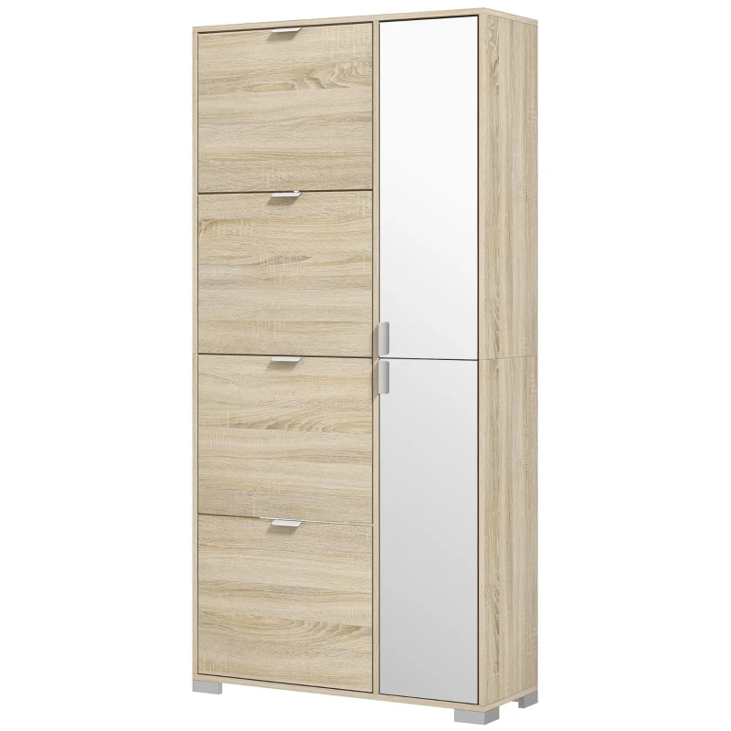 HOMCOM Etajeră pentru Pantofi cu Oglindă, 4 Sertare Rabatabile și 2 Dulapuri, 82x30x168 cm, Culoare Stejar(m-10)