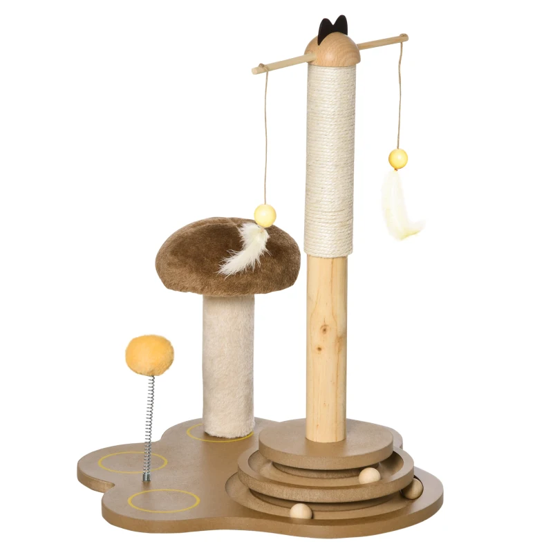 PawHut Arranhador para Gatos com Postes de Sisal em Forma de Cogumelo Brinquedo Suspenso Penas Pista de Bolas de Madeira e Bola com Mola 46x44x56,5cm Marrom e Bege