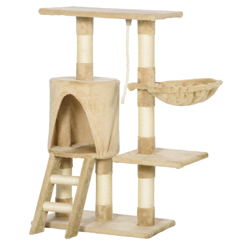 PawHut Árvore para gatos  com  Corda de Brincar Placa de Madeira e Revestido de Pêlo- Castanho - 30x55x96cm