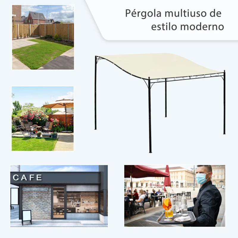 Outsunny Pérgola de Jardim 3x3m Pérgola Montada na Parede com Toldo e 16 Orifícios de Drenagem Metal e Poliéster Creme