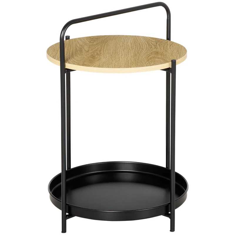 HOMCOM Mesa de Apoio Moderna com Prateleira de Madeira e Bandeja Removível Alça Portátil 43,5x42,5x60cm Preto e Madeira