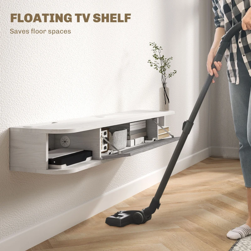 HOMCOM Mobilier TV Suspendat cu 2 Rafturi Deschise și un Dulăpior cu Ușă Rabatabilă, 120x26x16 cm, Gri