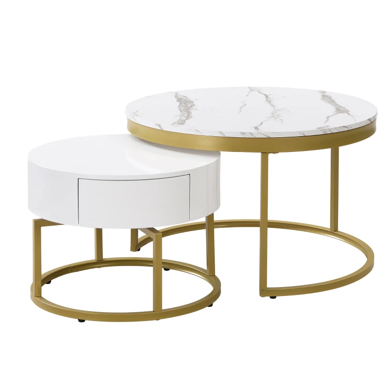 Round Nesting Marble Coffee Table with Storage Drawers, High Gloss Tabletops, Golden Metal Frame, 70x70x45 cm/50x50x38.5 cm, White