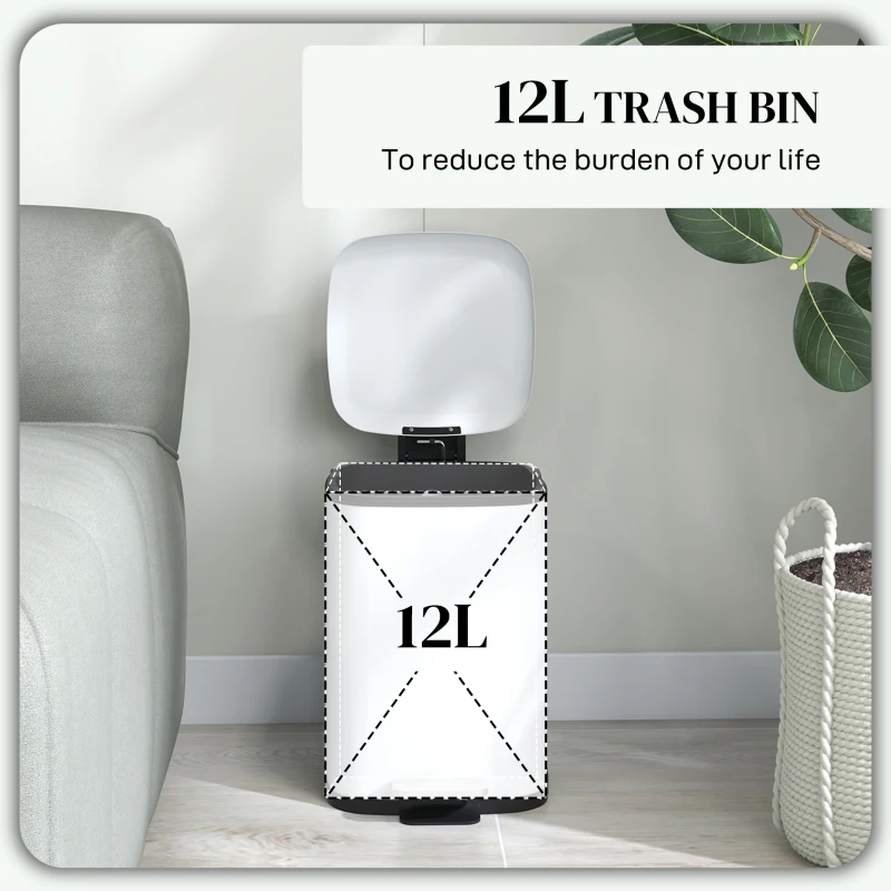 HOMCOM Coș de Gunoi de 12L cu Pedală, Închidere Silențioasă, din Metal și Plastic PP, 24,5x32x34,5 cm, Alb(m-4)
