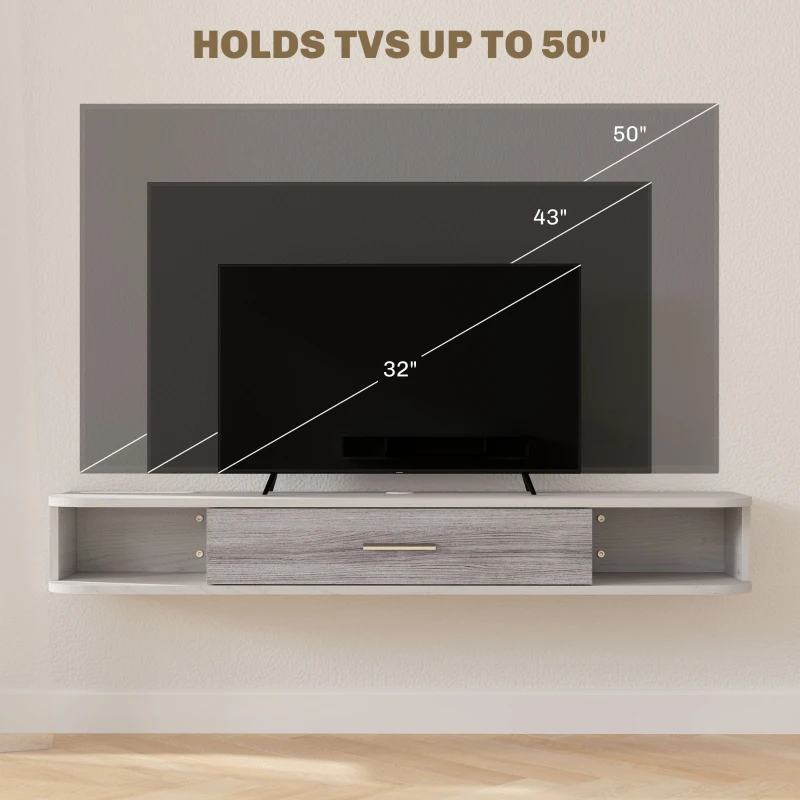 HOMCOM Mobilier TV Suspendat cu 2 Rafturi Deschise și un Dulăpior cu Ușă Rabatabilă, 120x26x16 cm, Gri